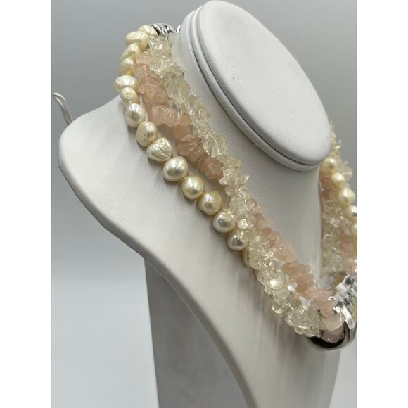 Simon Sebbag MultiStrand 925 Rose Clear Quartz Light Pearl Slider Necklace 17" - Picture 2 of 10